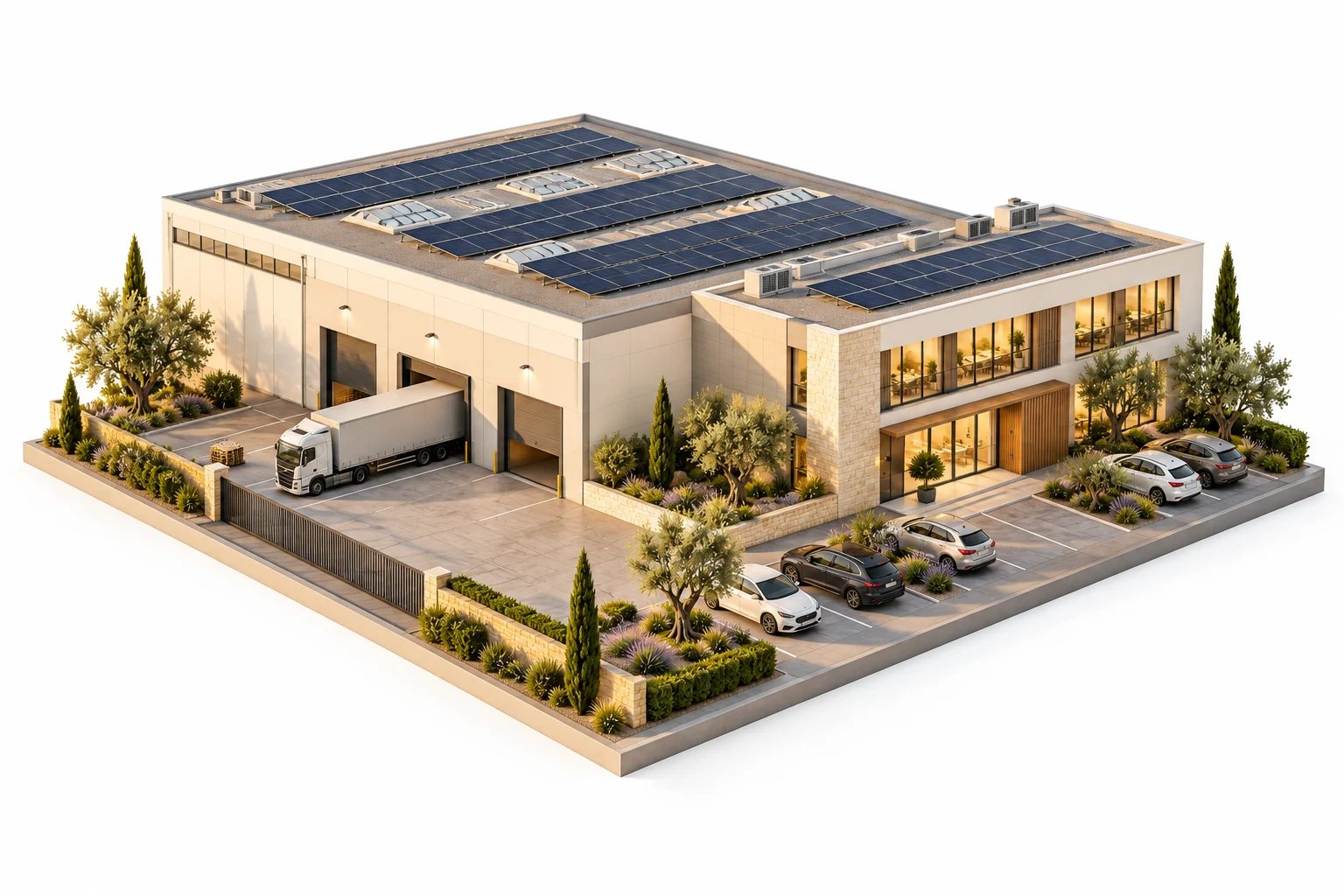 Illustrazione di un’azienda con fotovoltaico sulle coperture produttive