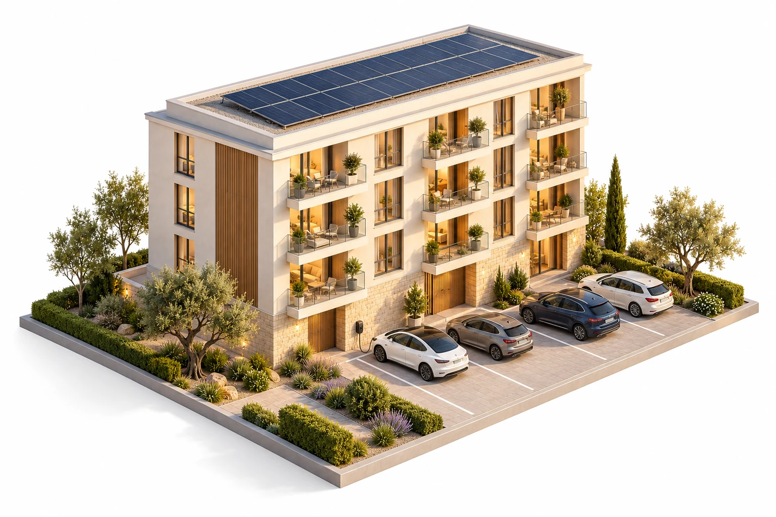 Illustrazione di un condominio con fotovoltaico, parcheggio e punto di ricarica